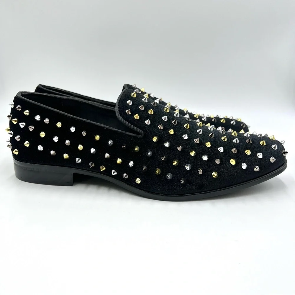 Stacy Adams Mens 9.5 Spire Black Velvet Gold Silver Spiked Studded Loafers Shoes